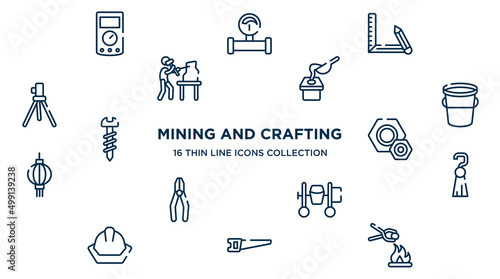 concept of 16 mining and crafting outline icons such as ammeter, drawing tool, crucible, water bucket, knot, tassel, cement mixer, hacksaw, furnace vector illustration.