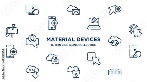 concept of 16 material devices outline icons such as computer touch screen, add, wireless conection, arrow pointer, clouds data synchronization, touch screen smartphone, test box, archives files