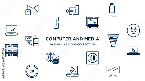 concept of 16 computer and media outline icons such as email upload, usb plug, all screens sizes, frown emot, funnel chart, screen with cursor arrow, pause, laptop connected to internet, flatscreen