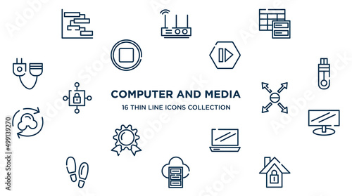 concept of 16 computer and media outline icons such as chart gantt, data spreadsheet, forward media step, memory stick, responsive, widescreen monitor, laptop frontal opened view, server cloud, home