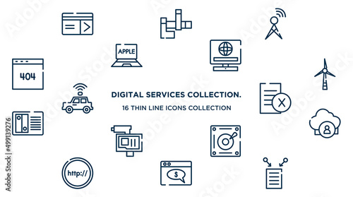concept of 16 digital services collection. outline icons such as keycard, cellular, online service, wind turbine, delete file, cloud user, harddisk, web payment, data collection vector illustration.