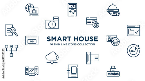 concept of 16 smart house outline icons such as remote access, hotel service, infected, web security, identity theft, 360 degrees, card reader, binding, security code vector illustration.