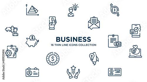 concept of 16 business outline icons such as pyramid chart, transfering, email marketing, dive, planing, bank online, start up, advantage, cheque vector illustration.
