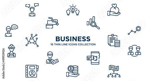 concept of 16 business outline icons such as consult, wage, data analysis, limit, estimate, peer to peer, mobile payment, stack, hierarchy structure vector illustration.