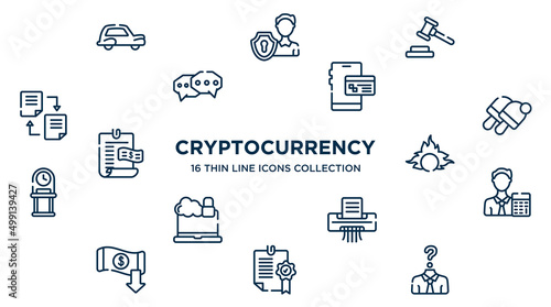 concept of 16 cryptocurrency outline icons such as old car, bid, online banking, , proof of burn, accountant, paper shredder, confirmation, anonymity vector illustration.