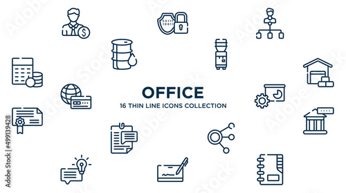 concept of 16 office outline icons such as banker, hierarchical structure, water dispenser, wholesaler, facilities, bank rate, coworking, cryptographic, contact list vector illustration.