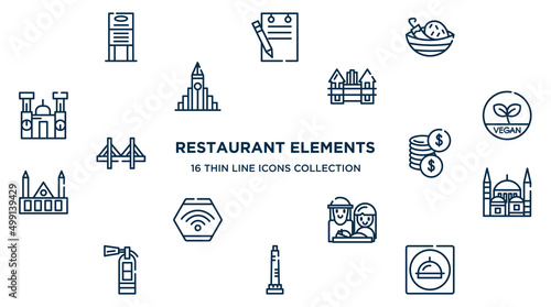 concept of 16 restaurant elements outline icons such as daily specials board, spicy food, holstentor, vegetarian, dollar coins, blue mosque, holy family, walled obelisk, restaurant app vector