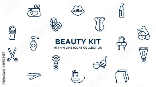 concept of 16 beauty kit outline icons such as cosmetic bag, liquid makeup, cor, parfum, mirrored vanity desk, anti aging cream, hair dye kit, hair washer sink, cleaning wipes vector illustration.