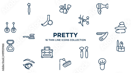 concept of 16 pretty outline icons such as two hairpins, hairdryer facing left, hair cut, spa stones, straight razor, manicure, makeup brushes, shower head, blush brush vector illustration.