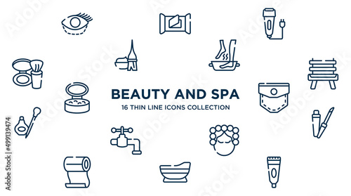 concept of 16 beauty and spa outline icons such as blepharoplasty, electric razor, soak, wooden chair, pocket, lip gloss, hair curler, bathtube, tooth paste vector illustration.