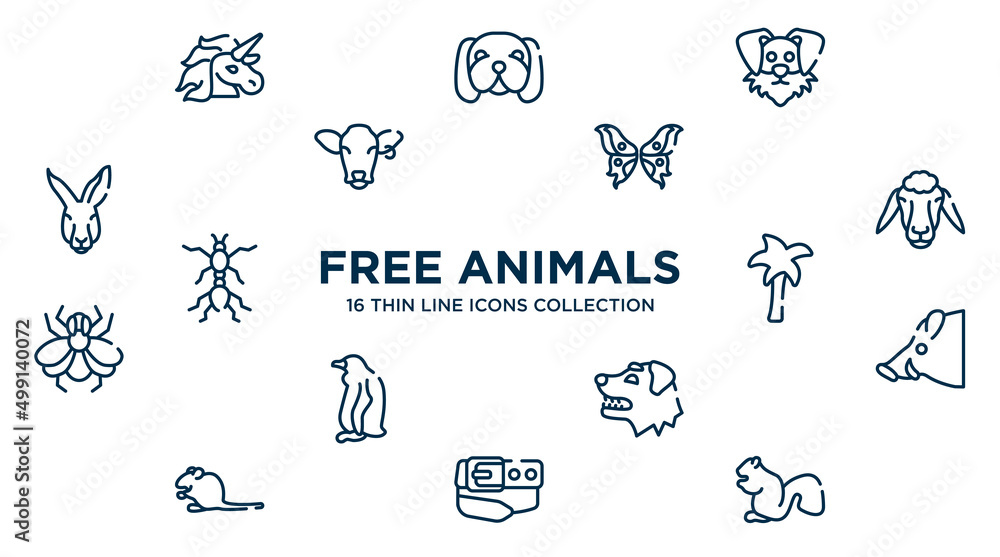 concept of 16 free animals outline icons such as unicorn, funny dog head, butterfly wings, sheep head, plain palm tree, boar head, border collie dog belt and buckle, sitting squirrell vector