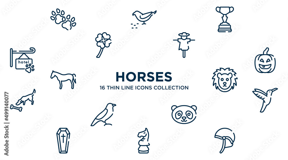 concept of 16 horses outline icons such as dog paw, horses races trophy, scarecrow, lantern, lion face, hummingbird, panda face, horse head chess piece, jockey hat vector illustration. concept of 16 horses outline icons such as dog paw, horses races trophy, scarecrow, lantern, lion face, hummingbird, panda face, horse head chess piece, jockey hat vector illustration.