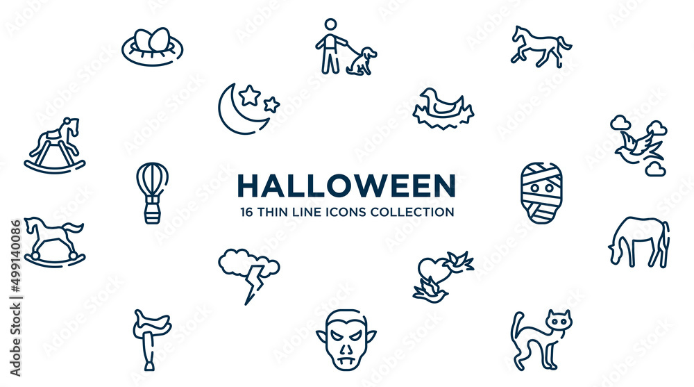 concept of 16 halloween outline icons such as nest with eggs, horse running, bird in nest, null, mummy, horse grazing, birds couple, vampire, black cat vector illustration. concept of 16 halloween outline icons such as nest with eggs, horse running, bird in nest, null, mummy, horse grazing, birds couple, vampire, black cat vector illustration.