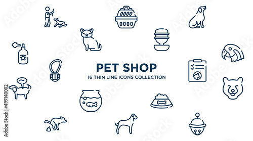 concept of 16 pet shop outline icons such as man dog and stick, dog seating, water replenisher, parrot head, cat health list, bear head, dog food, great dane, sleighbell vector illustration.