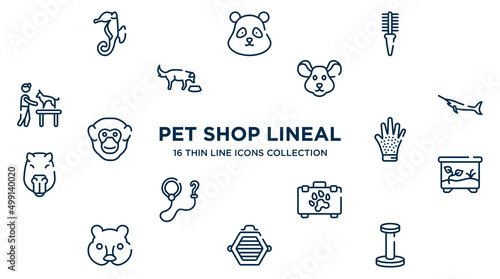 concept of 16 pet shop lineal outline icons such as sea horse, flea comb, mouse head, big swordfish, grooming glove, terraraium, pet first aid, cat box, scratching platform vector illustration.