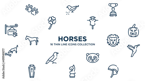concept of 16 horses outline icons such as dog paw, horses races trophy, scarecrow, lantern, lion face, hummingbird, panda face, horse head chess piece, jockey hat vector illustration.