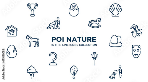concept of 16 poi nature outline icons such as trophy cup, seashell, rocker horse, witch, egg, devil, trident, plain tree, null vector illustration.