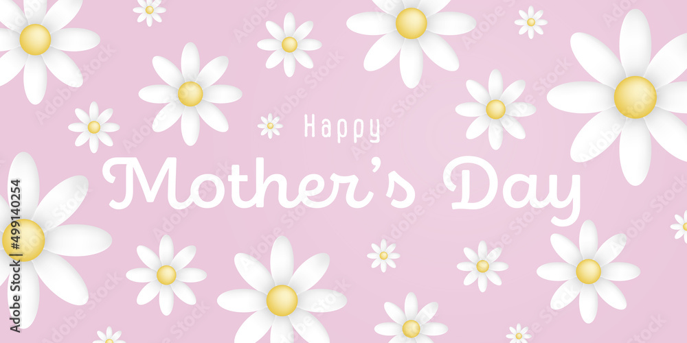 Text : Happy mother’s day, with many white flowers on a pink background