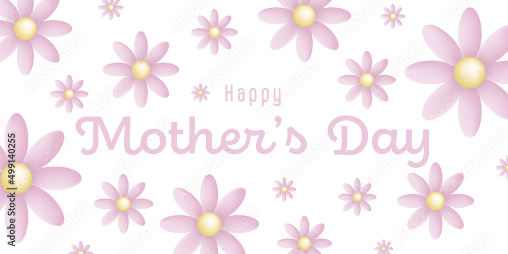 Text : Happy mother’s day, with many pink blossoms on a white background