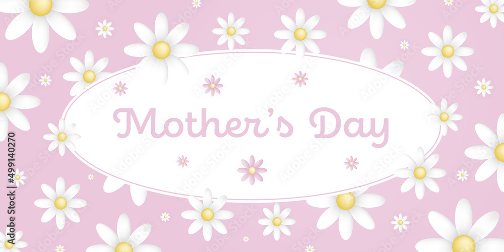 Text : Mother’s day, on an white oval frame with white blossoms on pink background