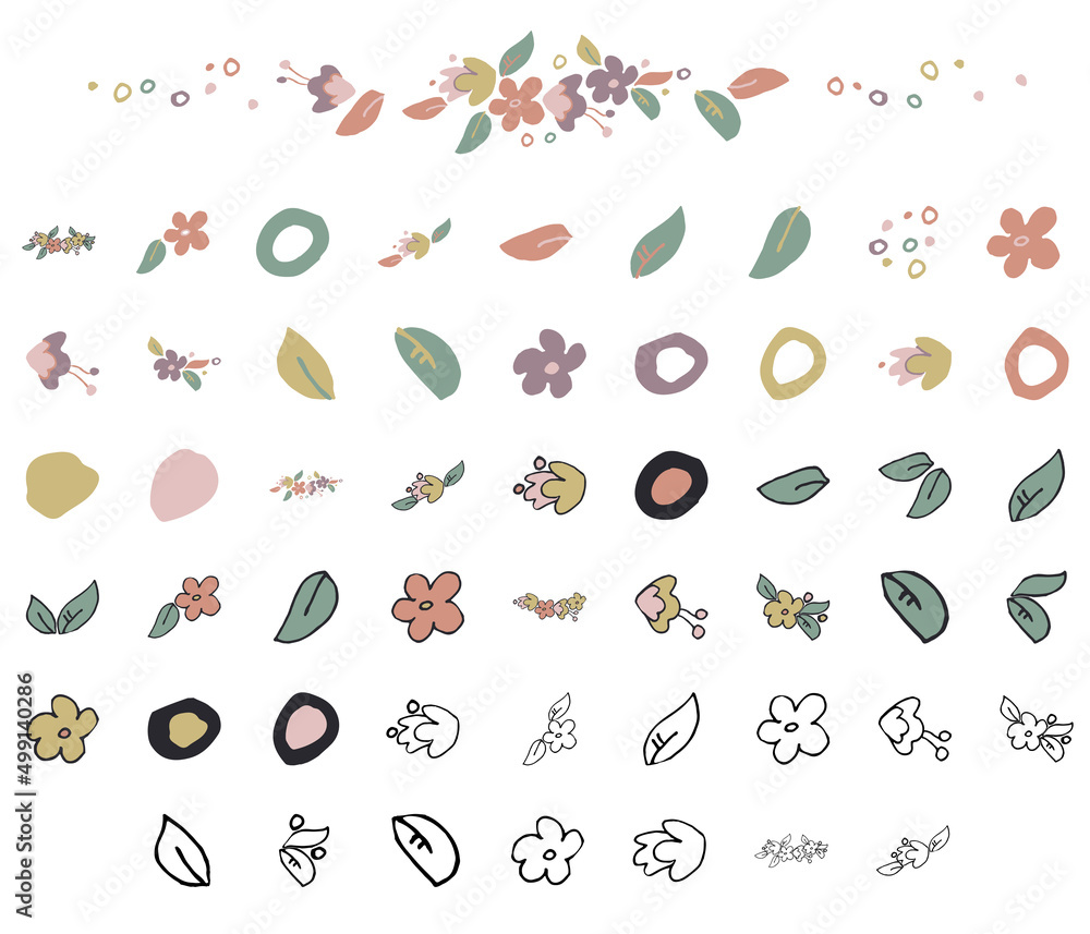 Blossom, leaf, flower crown, abstract element set collection. Hand drawn vector. Blossom, leaf, flower crown, abstract element set collection. Hand drawn vector.