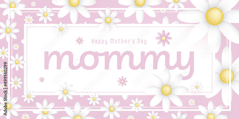 Text : Happy mother’s day Mommy, on an white rectangular frame with white blossoms on pink background