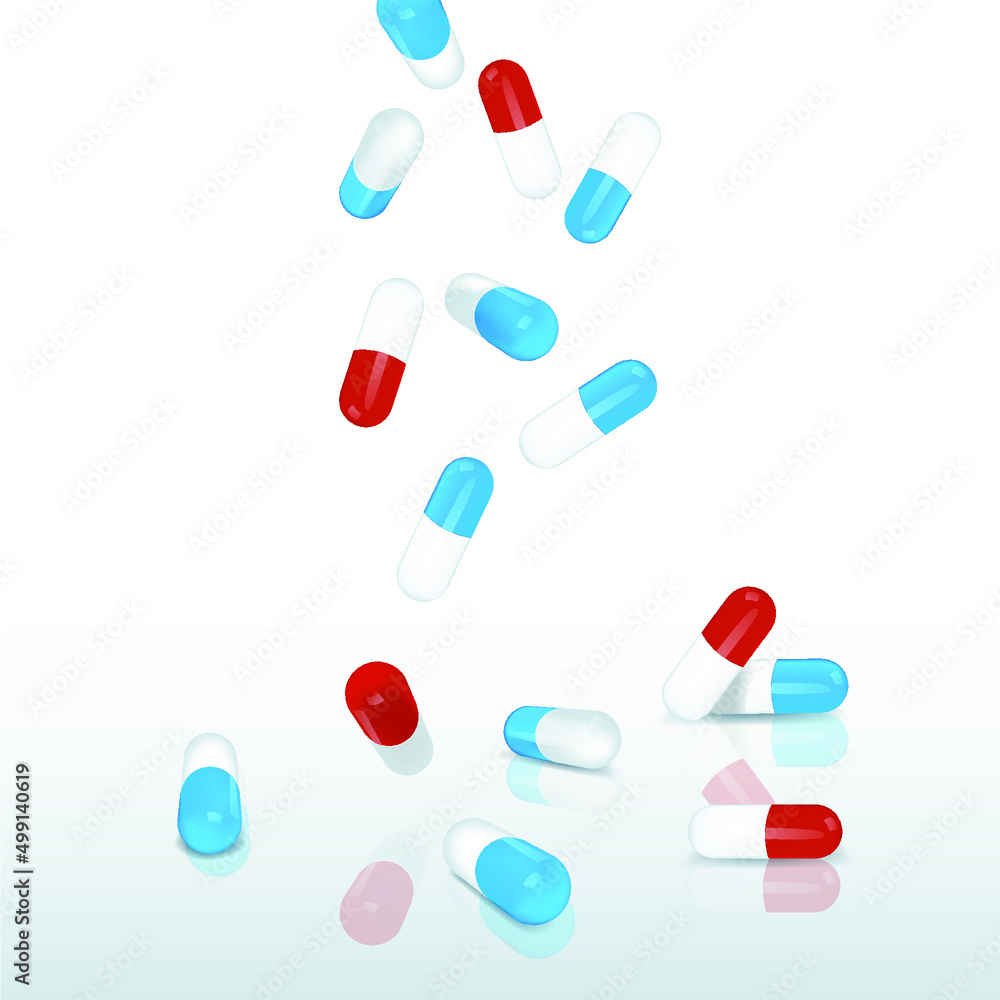 Multicolored capsules falling from the top down. Medicine in a gelatin shell. Vector illustration Multicolored capsules falling from the top down. Medicine in a gelatin shell. Vector illustration