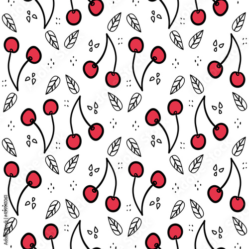 Sweet cherry repeating pattern. Seamless texture with wild berries. Summer motives with fresh healthy food ingredients