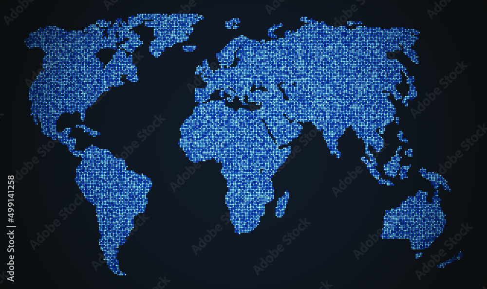 Mosaic map of the world. Vector illustration of the contour of the continents with a pixelated division in blue tones. Sketch for creativity.