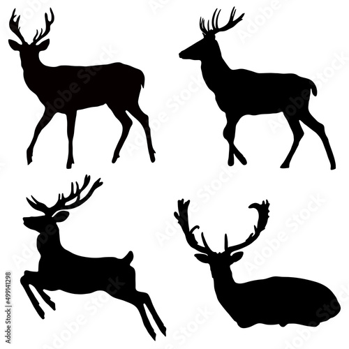 Black silhouettes of a deer on a white background. Vector image.