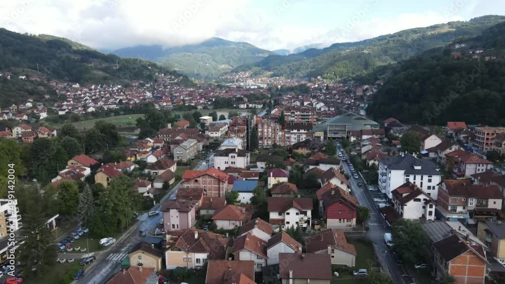 Ivanjica, Serbia. Drone Aerial View of Cityscape, Buildings and Landscape, Drone Shot Ivanjica, Serbia. Drone Aerial View of Cityscape, Buildings and Landscape, Drone Shot