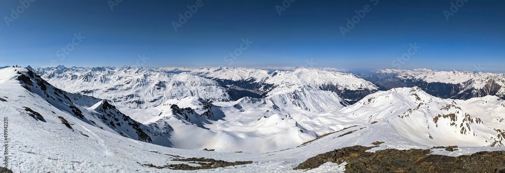 Mountain panorama on the Pischahorn above Davos Klosters Mountains. Beautiful mountain landscape with snowy mountain peaks