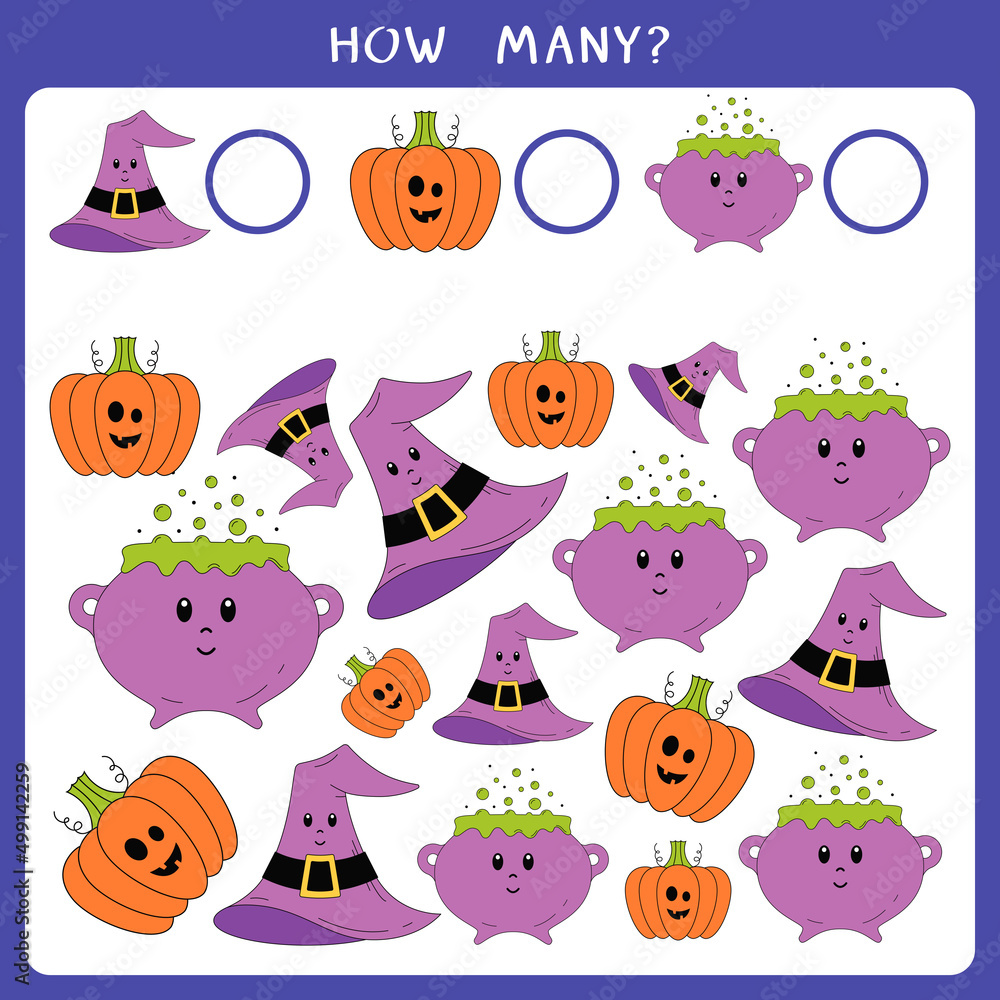 Educational math game for kids. Count how many Halloween symbols and ...