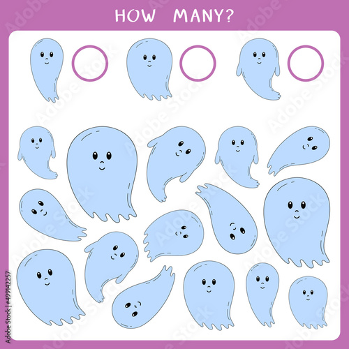 Educational math game for kids. Count how many ghosts and write the result. Vector worksheet