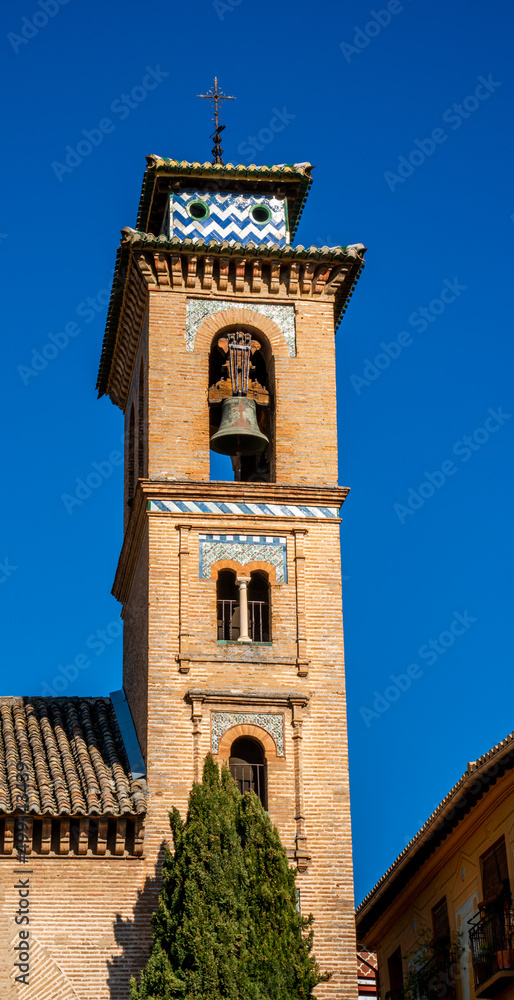 Decorated church tower in Granada, Spain
