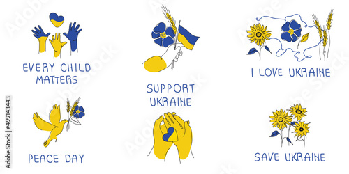 Vector set, collection of Ukrainian tradition elements in Ukrainian flag and letterings phrases. Vector illustration global politics, NO WAR, aggression problem picture in continuous line art style