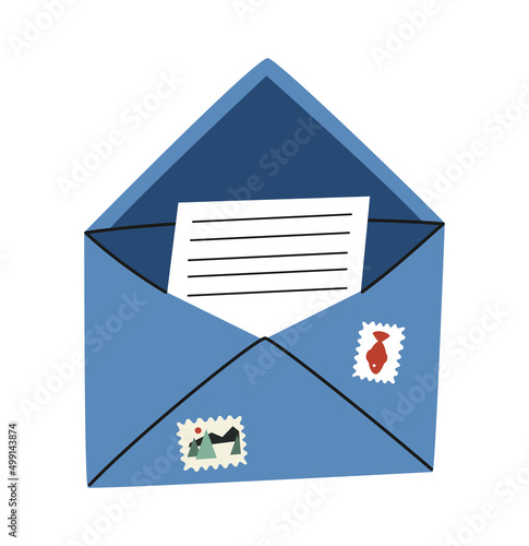 Hand drawn cute cartoon illustration letter or envelope with postage stamps. Flat vector mail sticker in simple colored doodle style. Post, correspondence, icon or print. Isolated on white background.