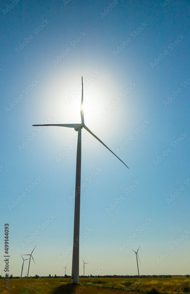 wind mill or also wind-turbine on wind farm in rotation to generate electricity energy on outdoor with sun and blue sky, conservation and sustainable energy concept