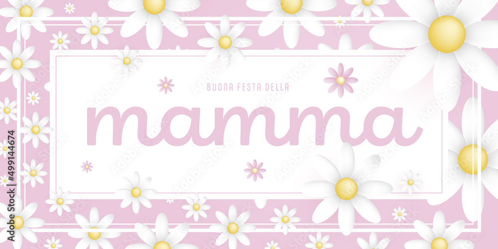 Italian text : Buona festa della Mamma, on an white rectangular frame with white blossoms on pink background