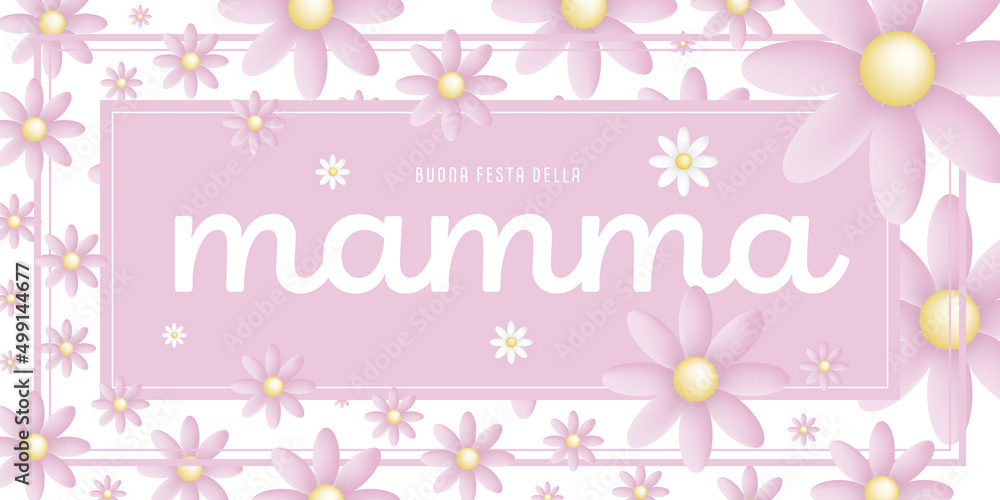 Italian text : Buona festa della Mamma, on an pink rectangular frame with pink blossoms on white background