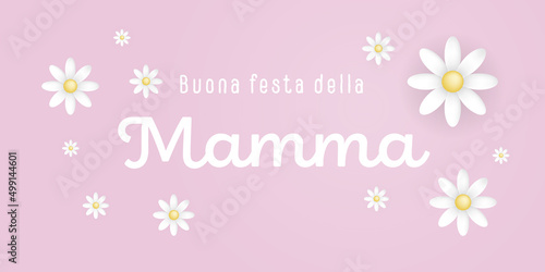 Italian text : Buona festa della Mamma, with white blossoms on pink background