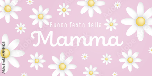 Italian text : Buona festa della Mamma, with many white flowers on a pink background