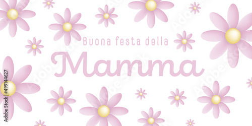 Italian text : Buona festa della Mamma, with many pink blossoms on a white background