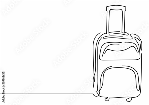 Travel suitcase in line drawing style. Luggage valise with wheels and retractable handle black line sketch on white background. Vector illustration