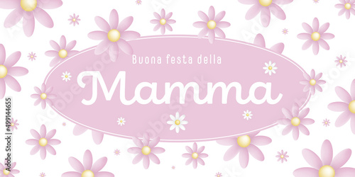 Italian text : Buona festa della Mamma, on an pink oval frame with pink blossoms on white background
