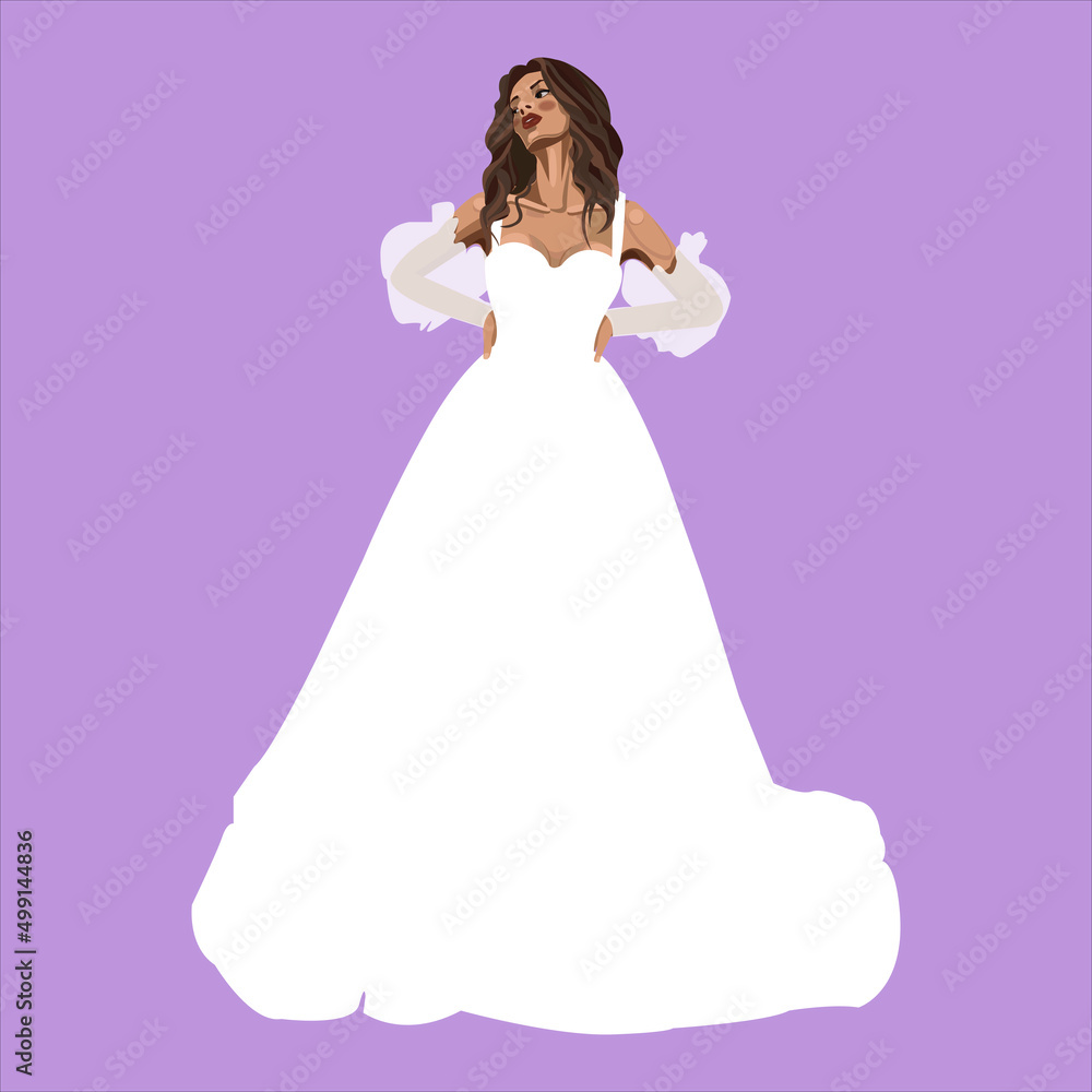 Vector illustration of a stylish bride in a white dress with lantern sleeves with bright makeup on a lilac background Vector illustration of a stylish bride in a white dress with lantern sleeves with bright makeup on a lilac background