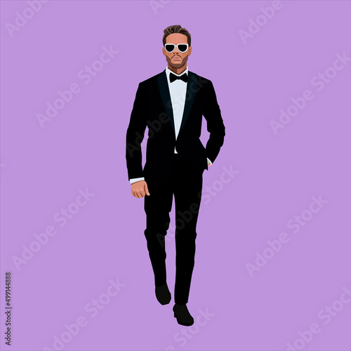 Vector illustration of a stylish groom in a black suit with a bow tie and white glasses on a lilac background