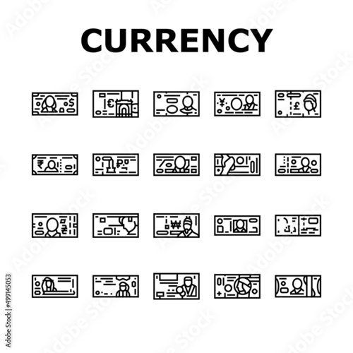 Currency International Finance Icons Set Vector. Pound Sterling And Dollar, Hryvnia And Indian Rupee, Jordian And Bahraini Dinar, Shekel And Omani Rial Worldwide Currency Black Contour Illustrations