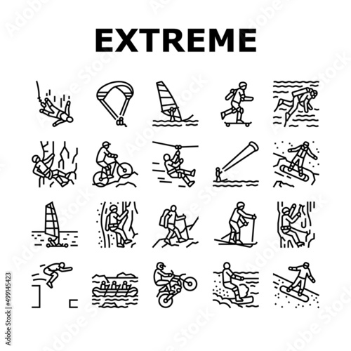 Extreme Sport Sportsman Activity Icons Set Vector. Bungee Jumping And Motocross, Wakeboarding And Ice Climbing, Skiing And Windsurfing Extreme Sport. Sportive Active Black Contour Illustrations