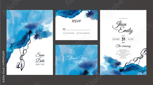 wedding invitation set with watercolor texture abstract theme, simple and luxury